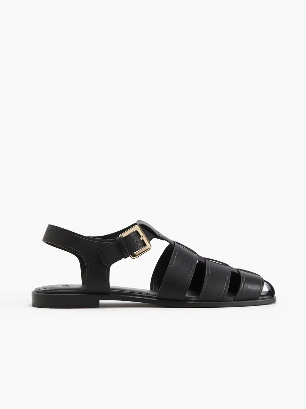 H&M Black Leather Woven Slingback Sandals with Gold Buckle